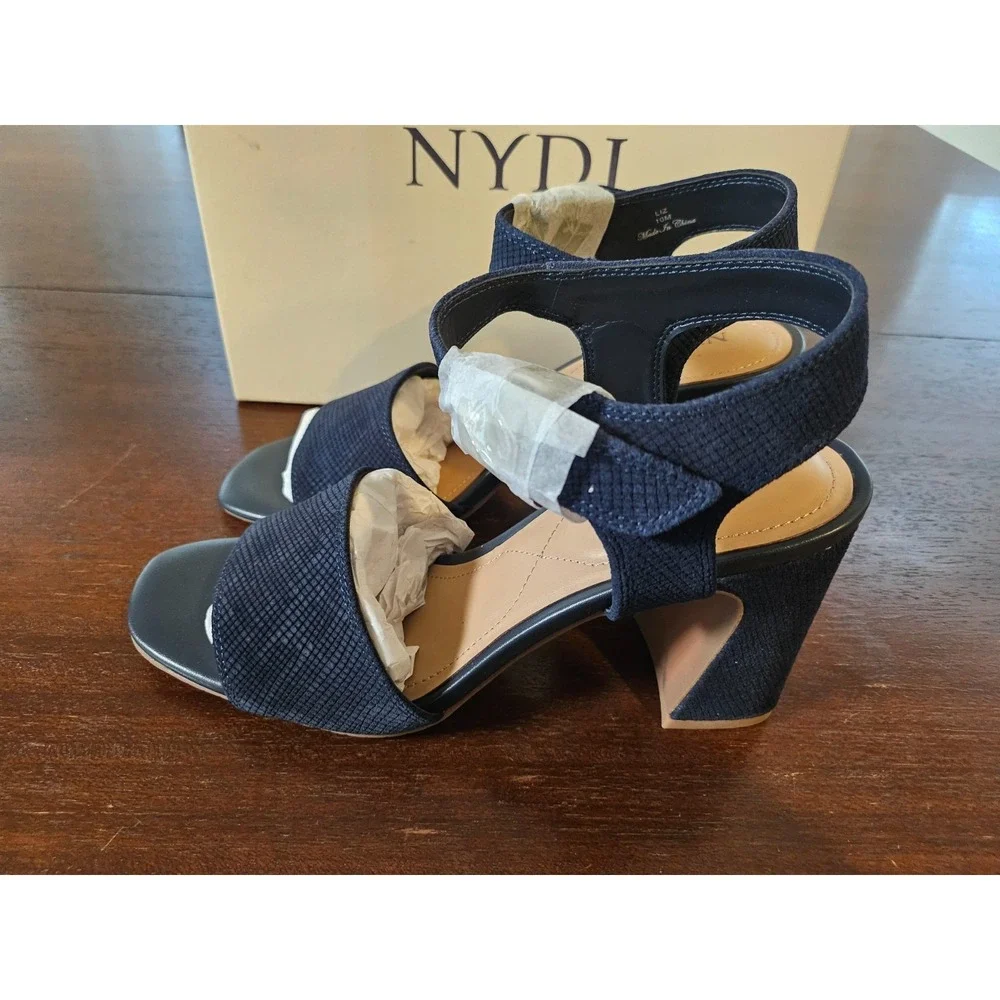 NYDJ Liz Suede Navy Blue Canvas Block Heel Ankle Strap Sandals Size 10 M New